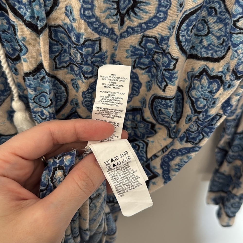 Lucky Brand 3/4 Sleeve Blouse Embroidered Boho Blue Tassle Tunic Women Large EUC - Picture 9 of 11